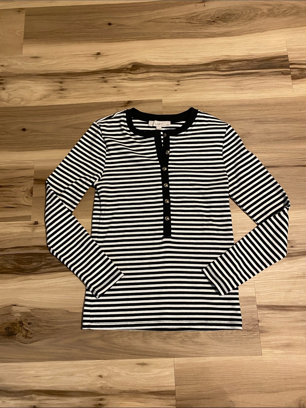 LOFT Striped Long Sleeve Henley Top Petite L